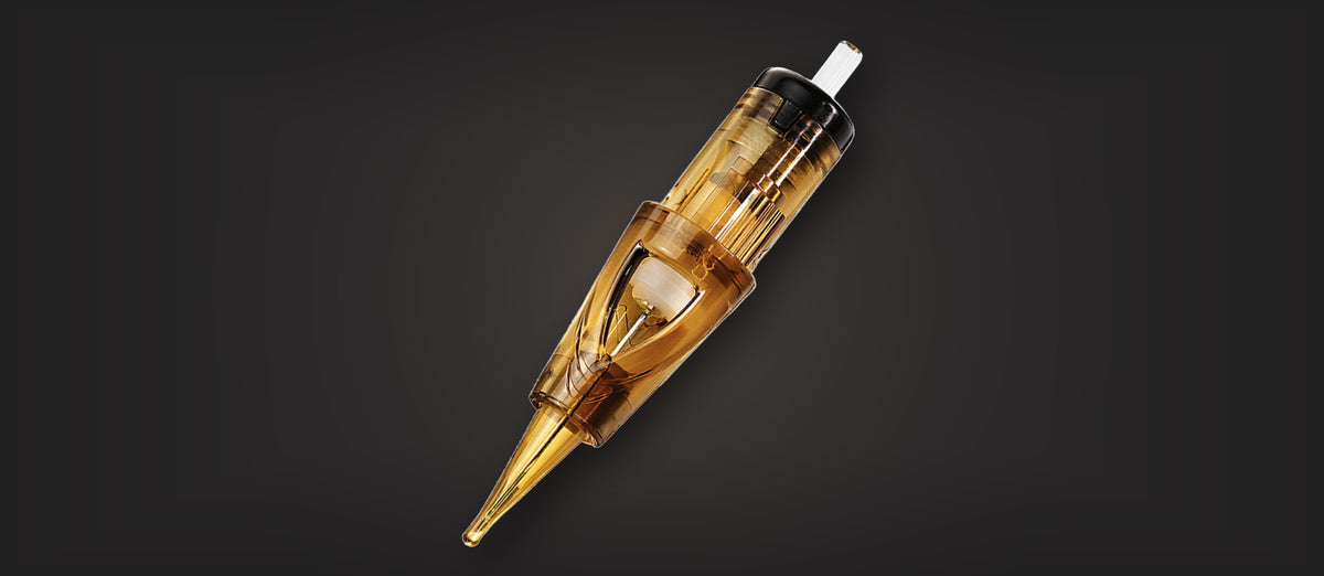 Skin Ink Fine Line tattoo needle cartridge on a dark background